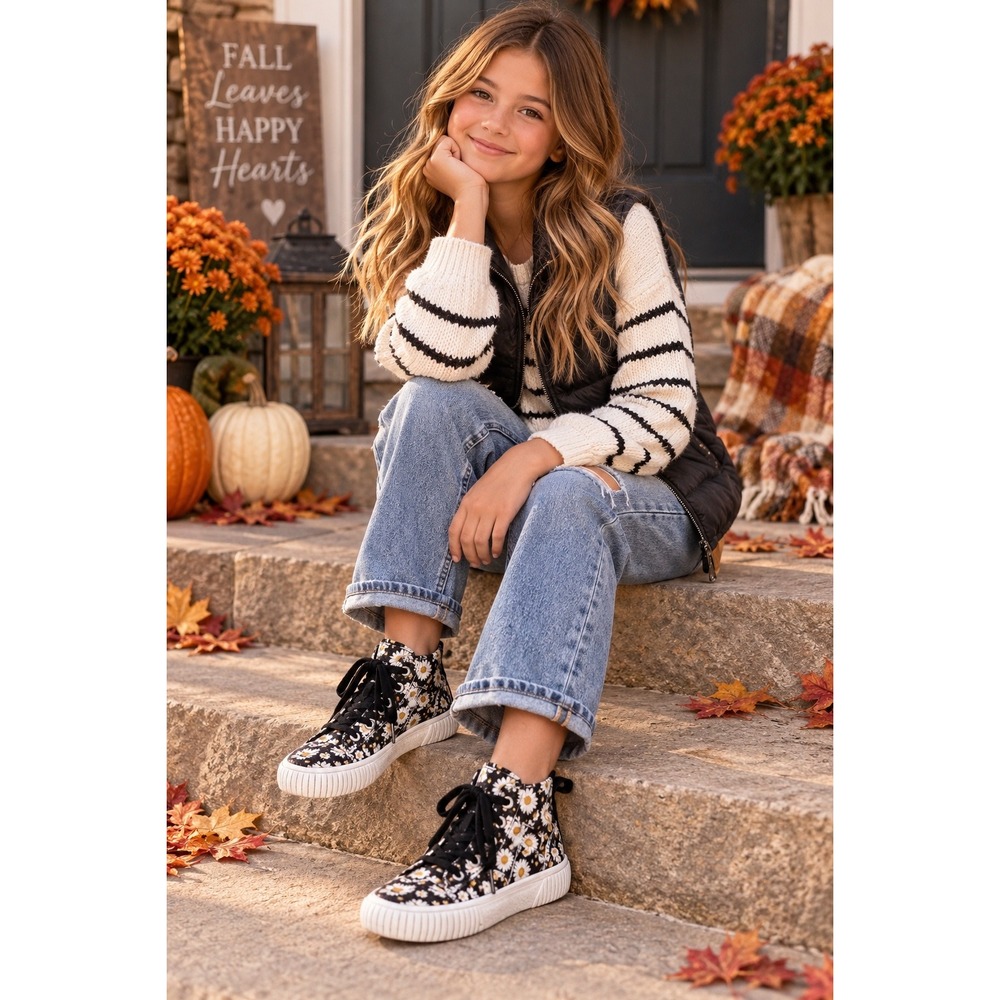 Girls Daisy Floral High Top Sneakers Side Zip Coquette Cottagecore Black Shoes
